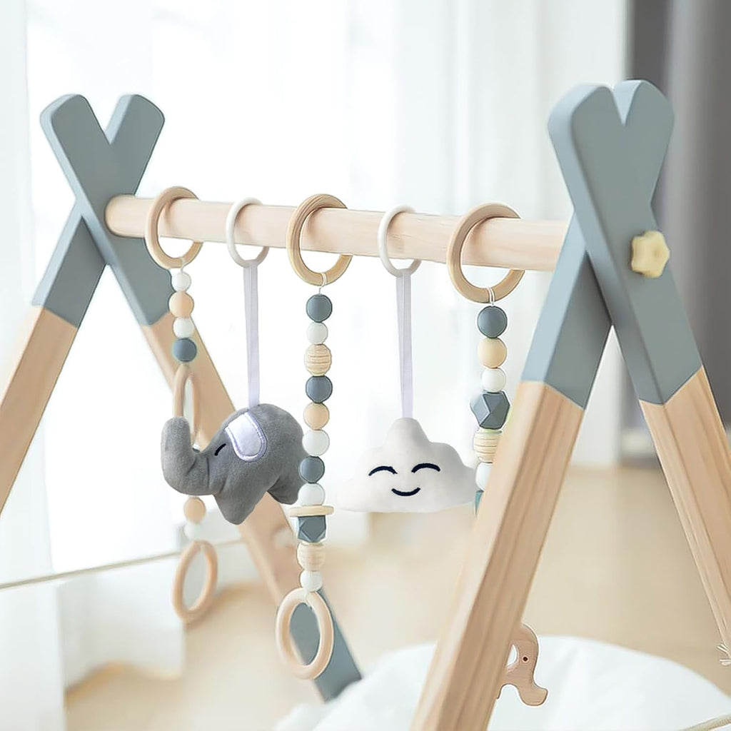 Wooden Baby Play Gym Foldable Gym Frame Activity Gym with 5 Hanging Toys | Baby Activity Center Gym Baby Gym Wood Play Gym Hanging Bar Natural Pine for Newborn Infant, Foldable Grey