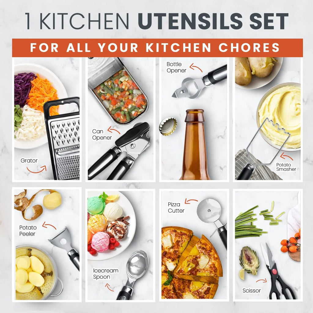 40Pcs Silicone Cooking Utensils Set 446℉ Heat Resistance, RFAQK BPA Free Kitchen Utensils Set for Nonstick Cookware, Gadgets Includes Can Opener, Potato Smasher,Peeler,Tongs,Spatula Set,Pizza Cutter