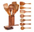 9 Piece Natural Teak Wooden Kitchen Utensil Set with Spoon Rest - Comfort Grip Cooking Spoons and Utensils Holder