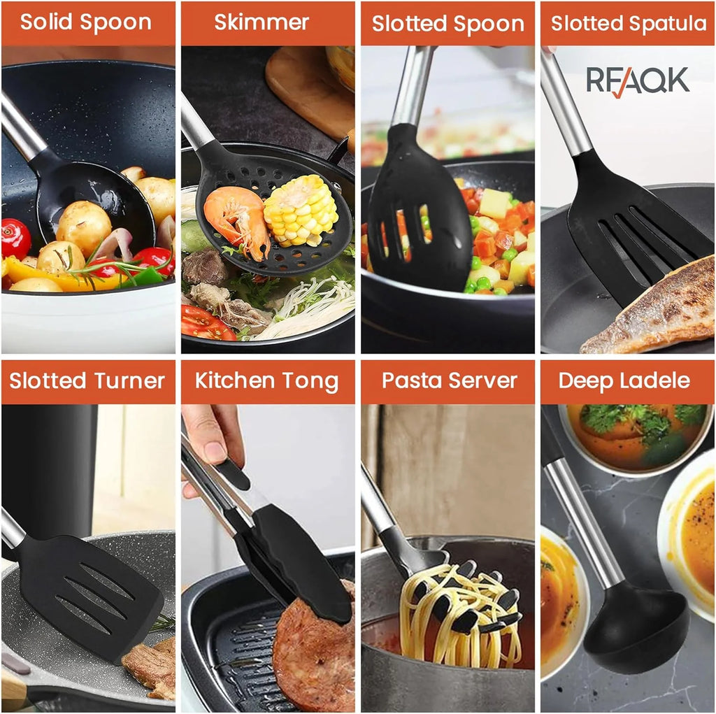 40Pcs Silicone Cooking Utensils Set 446℉ Heat Resistance, RFAQK BPA Free Kitchen Utensils Set for Nonstick Cookware, Gadgets Includes Can Opener, Potato Smasher,Peeler,Tongs,Spatula Set,Pizza Cutter