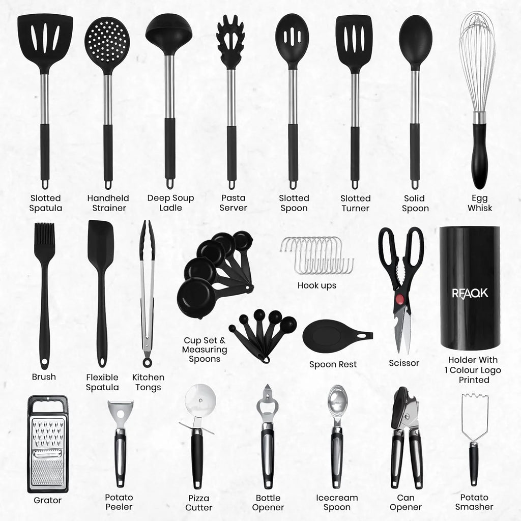 40Pcs Silicone Cooking Utensils Set 446℉ Heat Resistance, RFAQK BPA Free Kitchen Utensils Set for Nonstick Cookware, Gadgets Includes Can Opener, Potato Smasher,Peeler,Tongs,Spatula Set,Pizza Cutter
