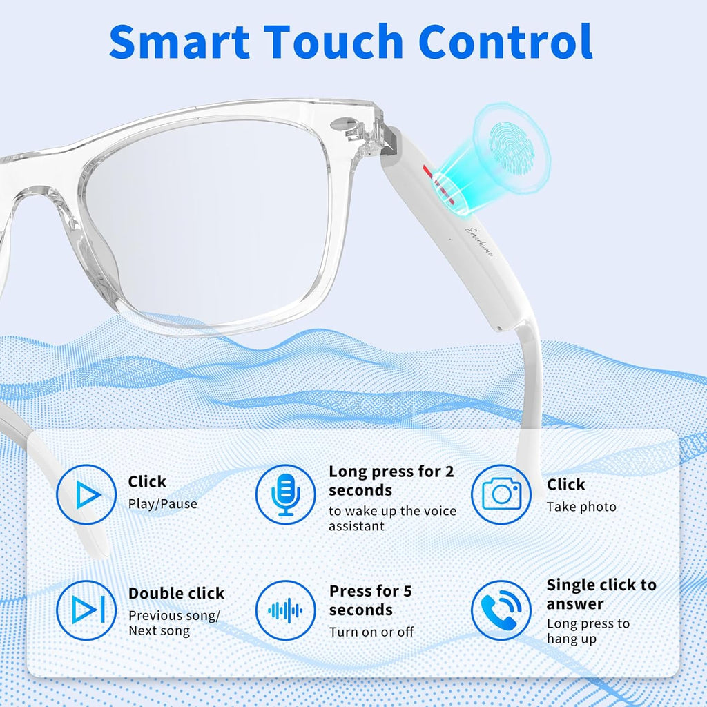 Smart Bluetooth Glasses | AI Voice Assistant, Lightweight, 8-Hour Battery Life, Auto Pairing, Touch Control & Stereo Sound for Calls & Music
