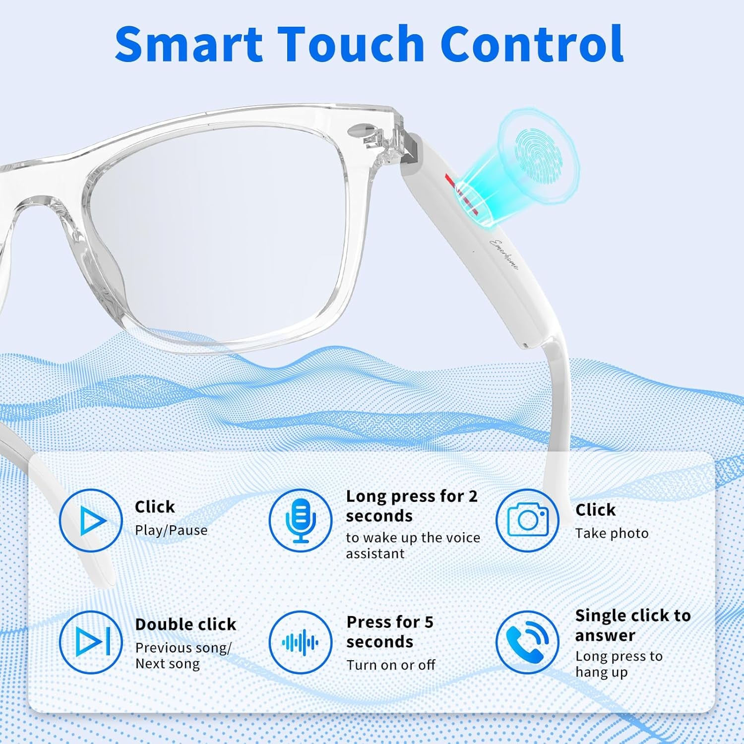 Smart Bluetooth Glasses | AI Voice Assistant, Lightweight, 8-Hour Battery Life, Auto Pairing, Touch Control & Stereo Sound for Calls & Music