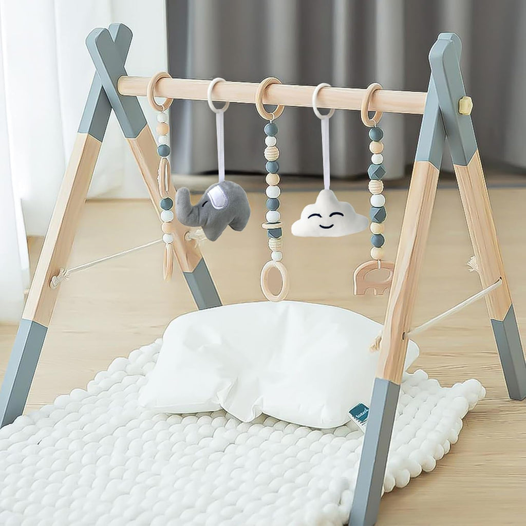Wooden Baby Play Gym Foldable Gym Frame Activity Gym with 5 Hanging Toys | Baby Activity Center Gym Baby Gym Wood Play Gym Hanging Bar Natural Pine for Newborn Infant, Foldable Grey