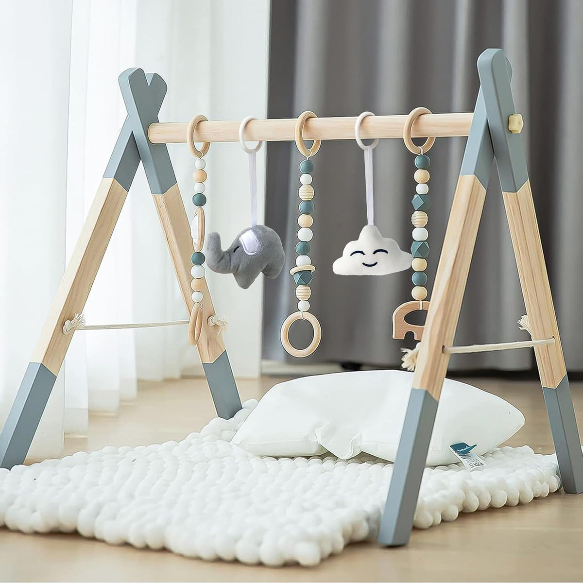 Wooden Baby Play Gym Foldable Gym Frame Activity Gym with 5 Hanging Toys | Baby Activity Center Gym Baby Gym Wood Play Gym Hanging Bar Natural Pine for Newborn Infant, Foldable Grey