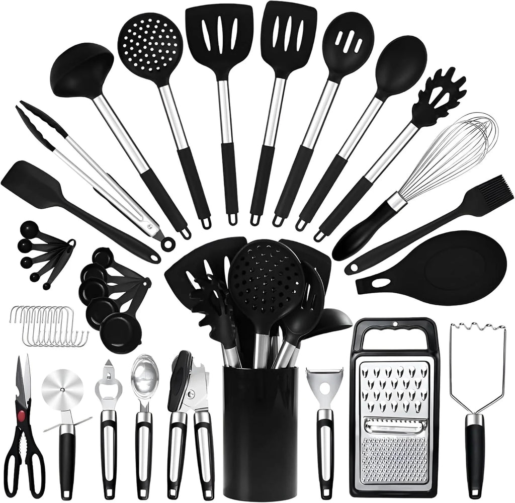 40Pcs Silicone Cooking Utensils Set 446℉ Heat Resistance, RFAQK BPA Free Kitchen Utensils Set for Nonstick Cookware, Gadgets Includes Can Opener, Potato Smasher,Peeler,Tongs,Spatula Set,Pizza Cutter