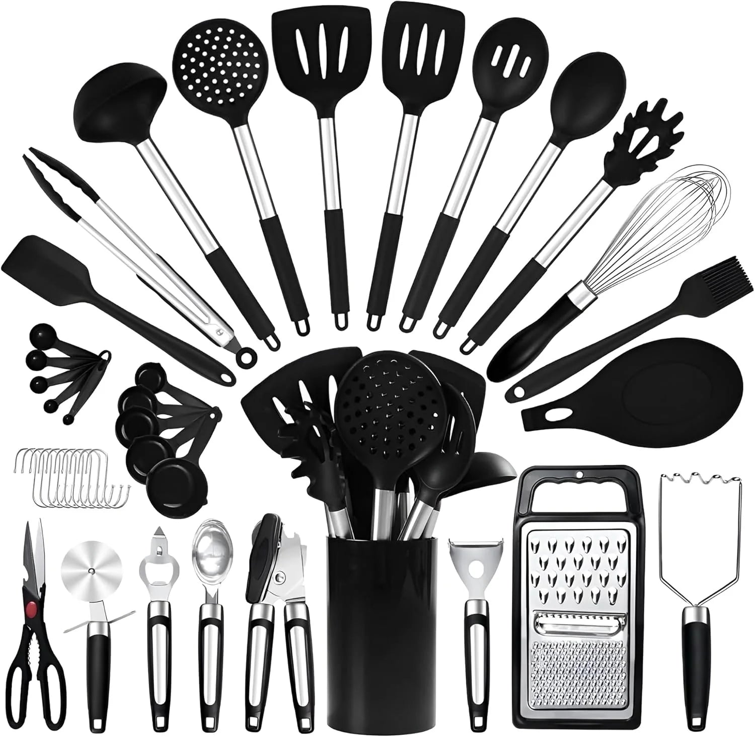40Pcs Silicone Cooking Utensils Set 446℉ Heat Resistance, RFAQK BPA Free Kitchen Utensils Set for Nonstick Cookware, Gadgets Includes Can Opener, Potato Smasher,Peeler,Tongs,Spatula Set,Pizza Cutter