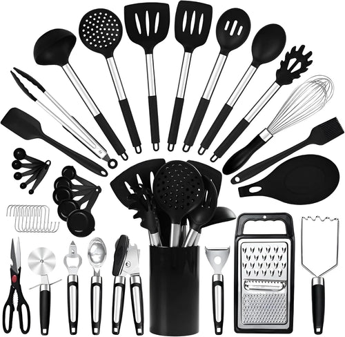 40Pcs Silicone Cooking Utensils Set 446℉ Heat Resistance, RFAQK BPA Free Kitchen Utensils Set for Nonstick Cookware, Gadgets Includes Can Opener, Potato Smasher,Peeler,Tongs,Spatula Set,Pizza Cutter