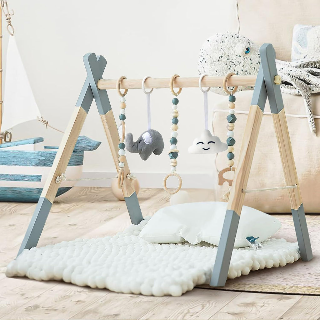 Wooden Baby Play Gym Foldable Gym Frame Activity Gym with 5 Hanging Toys | Baby Activity Center Gym Baby Gym Wood Play Gym Hanging Bar Natural Pine for Newborn Infant, Foldable Grey