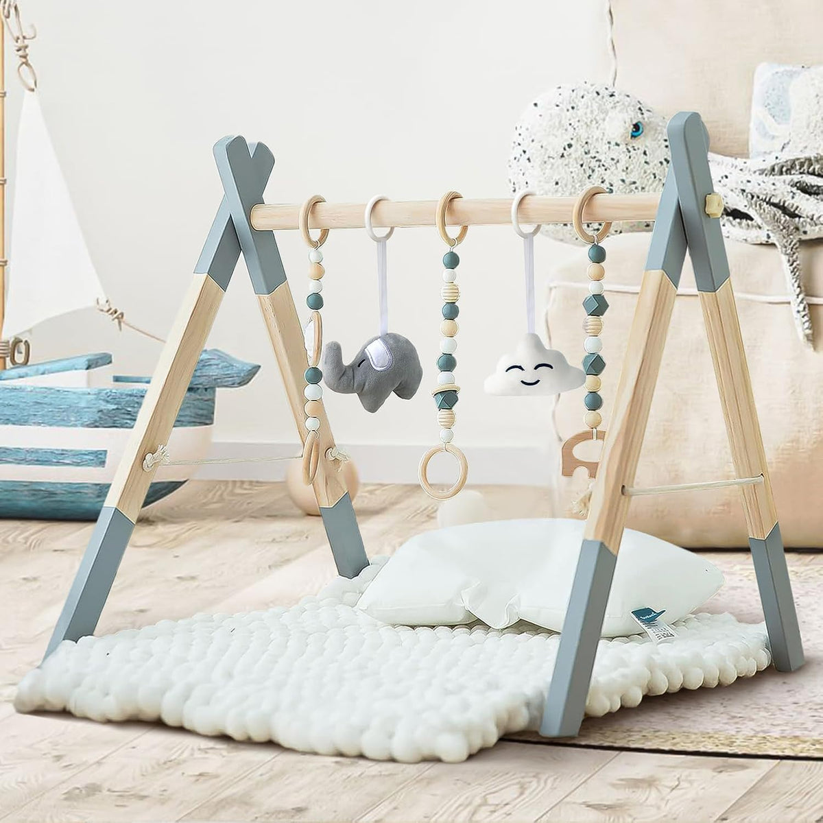 Wooden Baby Play Gym Foldable Gym Frame Activity Gym with 5 Hanging Toys | Baby Activity Center Gym Baby Gym Wood Play Gym Hanging Bar Natural Pine for Newborn Infant, Foldable Grey