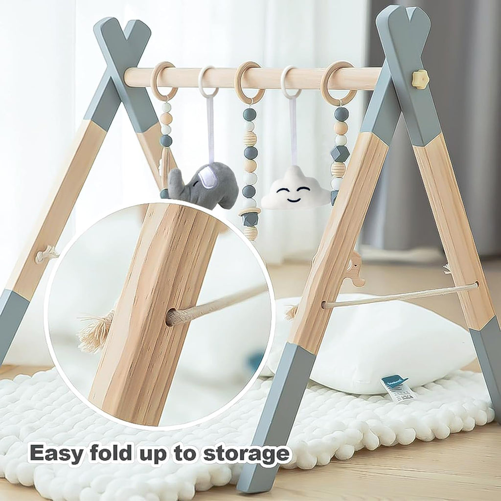 Wooden Baby Play Gym Foldable Gym Frame Activity Gym with 5 Hanging Toys | Baby Activity Center Gym Baby Gym Wood Play Gym Hanging Bar Natural Pine for Newborn Infant, Foldable Grey